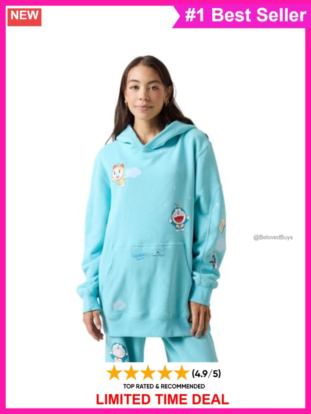 Doraemon Graphic Hoodie Fleece Relaxed Fit Kangaroo Pocket